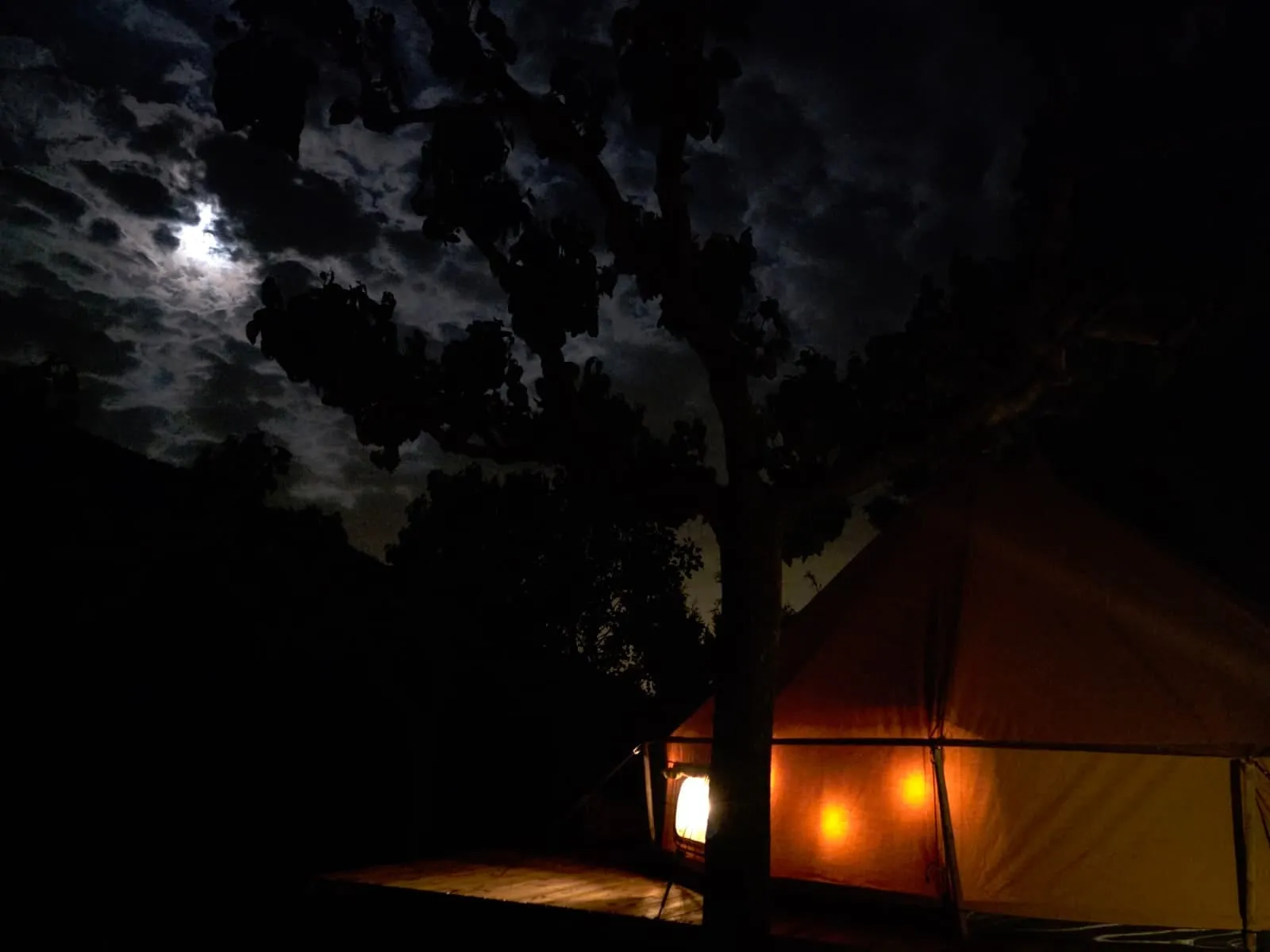 Nit de lluna vora la tenda Falguera amb la llum càlida d’un fanal