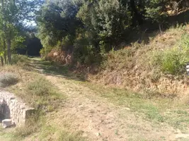 Pista de terra al costat d’un mur de pedra, just en sortir del càmping